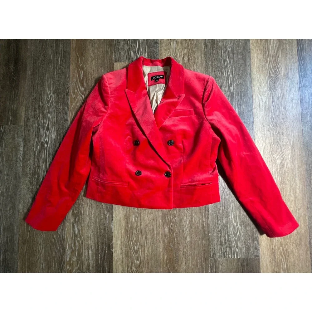 J.Crew‎ Blazer Womens 8 Red Velvet Double Breasted Cropped Peak Lapel Jacket